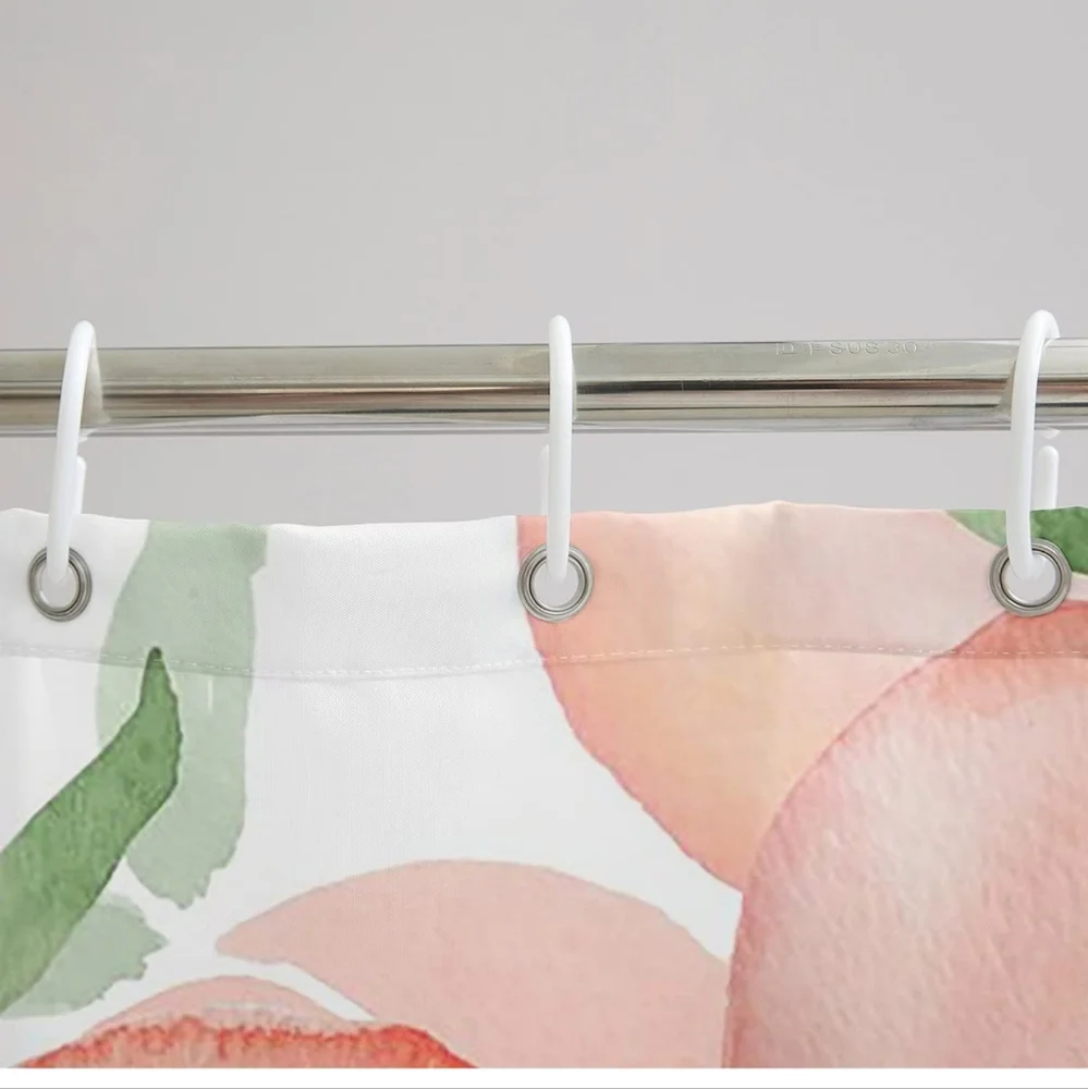 NEW Peach Print Shower Curtain Bathroom Pink Peach Fruit  Decor Hooks Watercolor